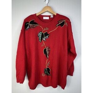 VTG 90s Red Thick Chunky Knit Sweater Women Plus Sz 20W Christmas Holiday Sequin